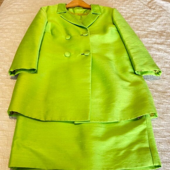 Stunning 1960s Lime Green 3 piece Raw Silk Suit Set - Size 12/14 - Picture 12 of 12